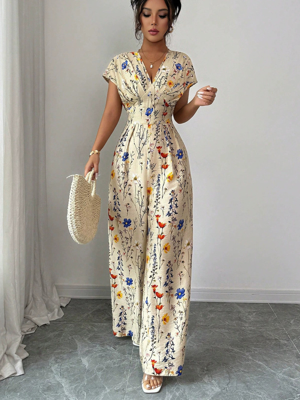 ZARA Ruihou Printed Short Sleeve Cinched Waist Wide Leg Jumpsuit Fall